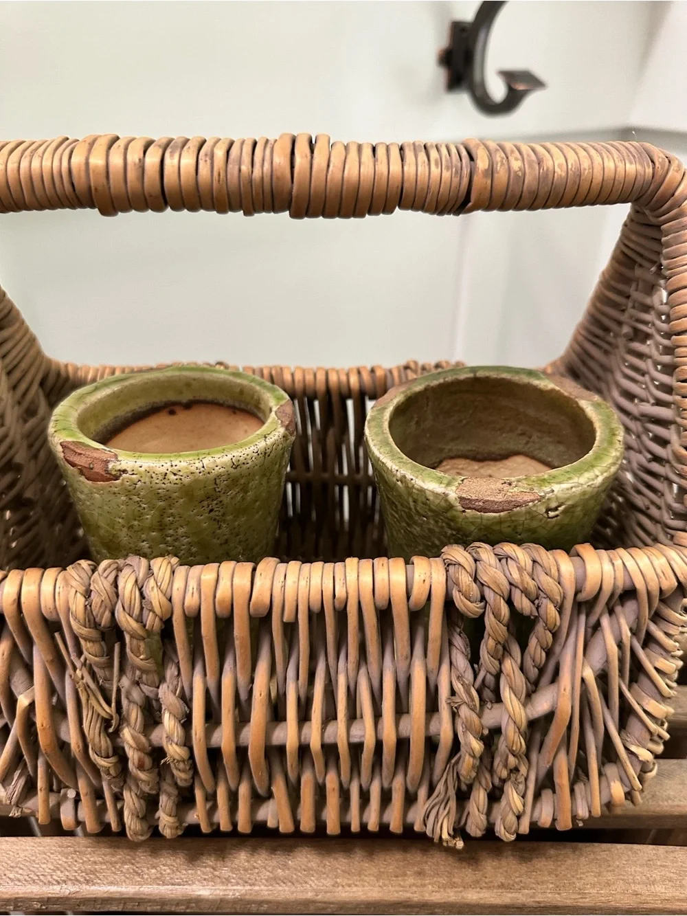 Woven Rattan Basket with Handle in Natural Brown & 2 Tall Ceramic Plant Pots Lot